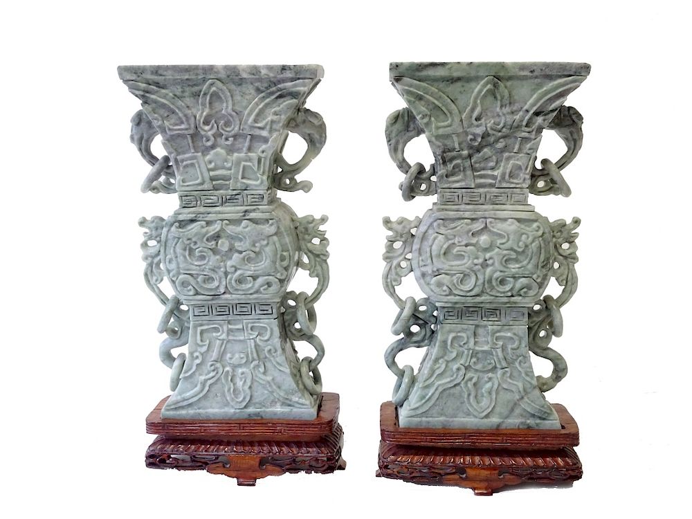 Appraisal: Pair of Chinese Carved Hardstone Celadon Vessels Pair of Chinese