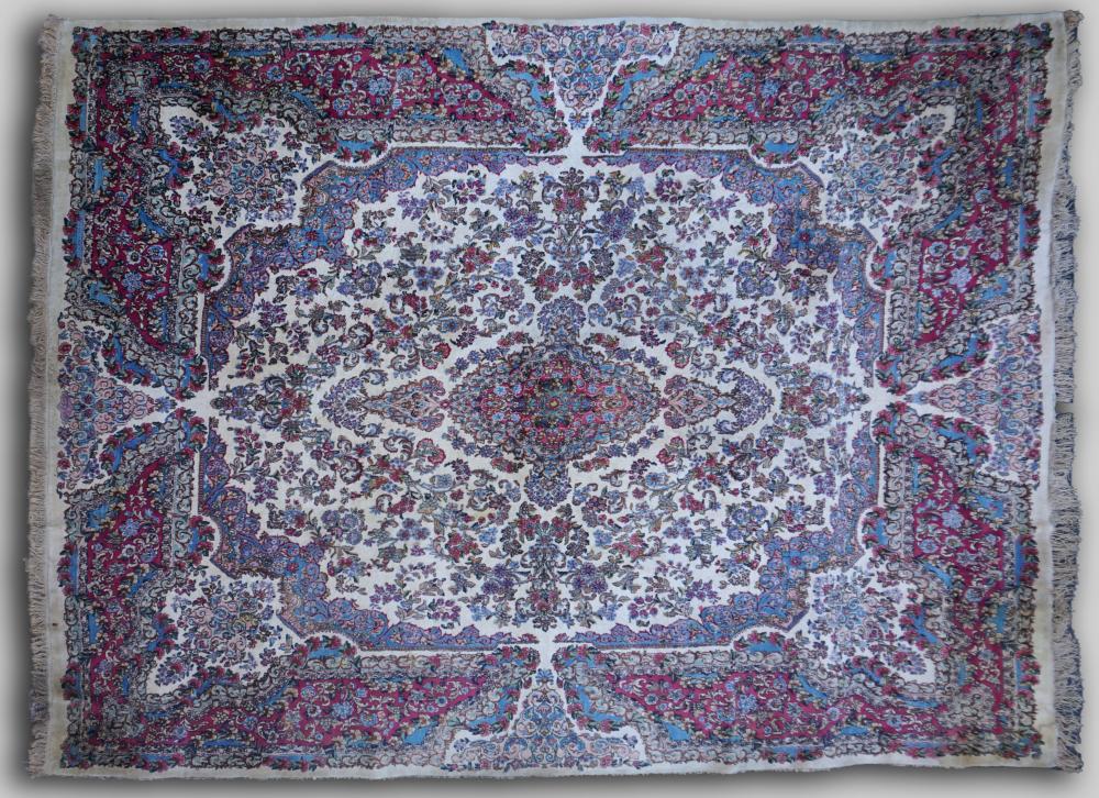 Appraisal: VINTAGE KERMAN HAND KNOTTED WOOL RUG the central rose and