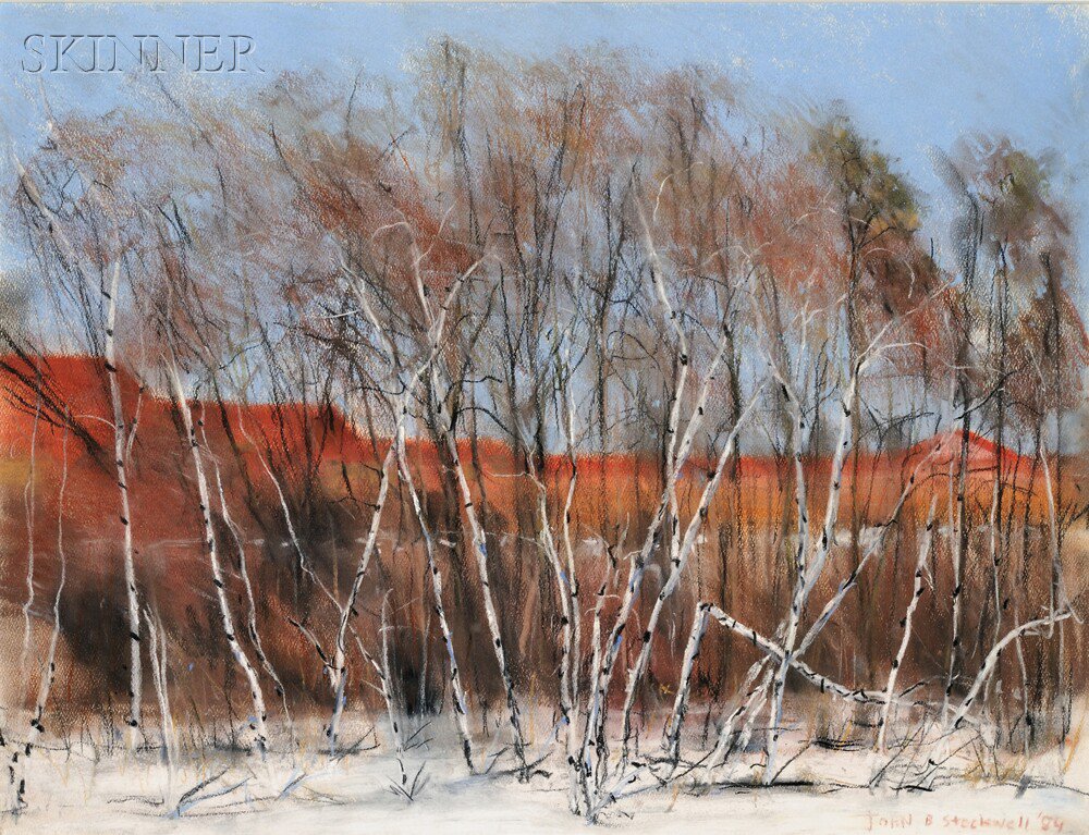 Appraisal: John Stockwell American b Winter Birches Signed and dated JOHN