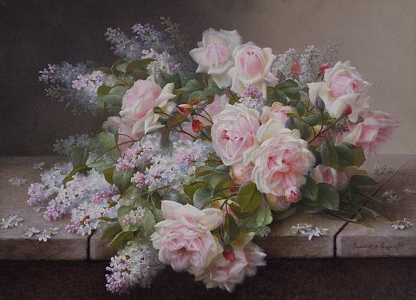 Appraisal: Raoul M de Longpre - Roses and Lilacs on a