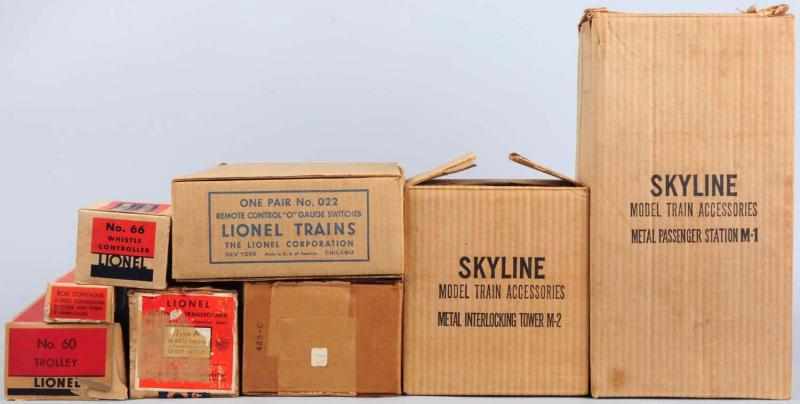 Appraisal: Lot of Trains Train Accessories Includes three Skyline tin buildings