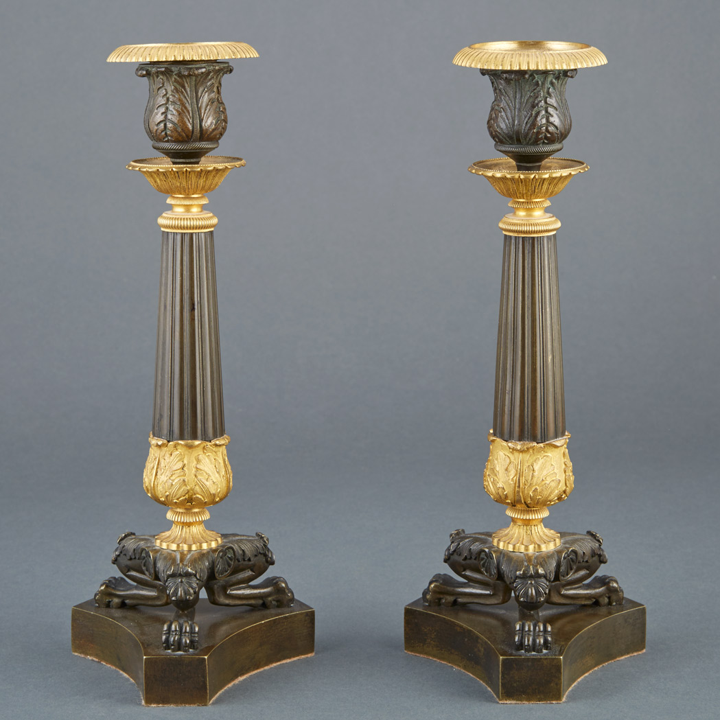 Appraisal: Pair of Louis Philippe Gilt and Patinated-Bronze Candlesticks Second quarter