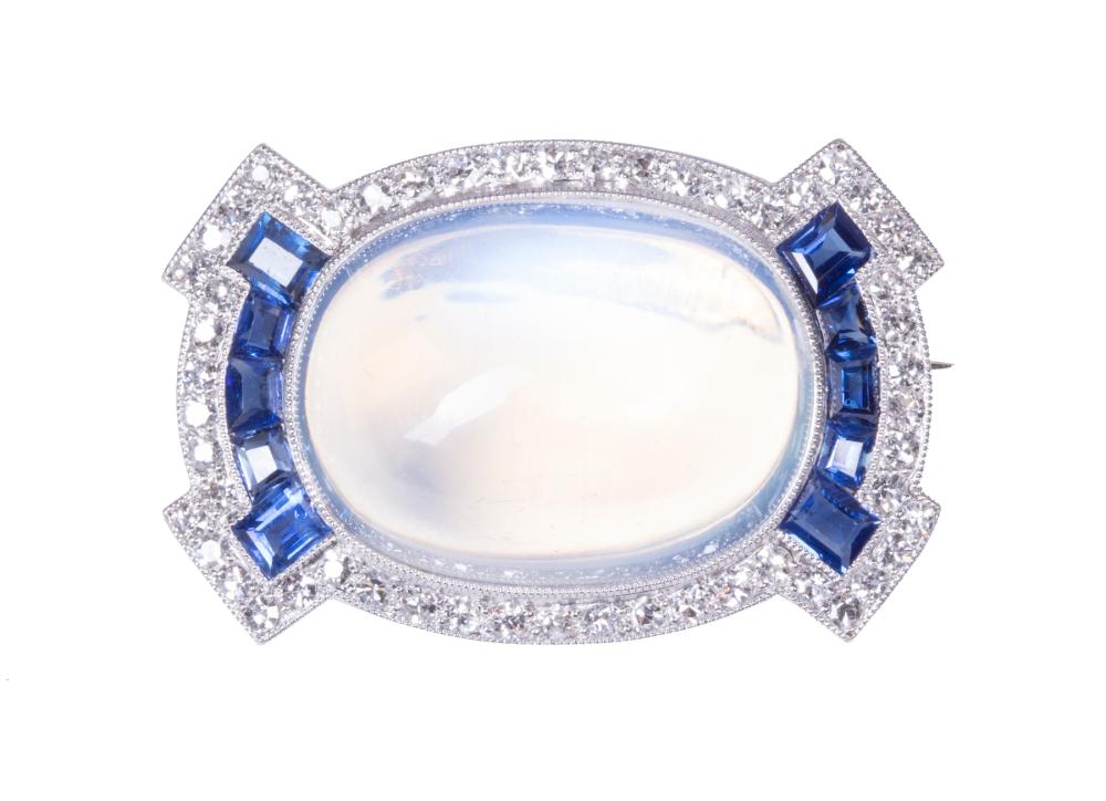 Appraisal: ART DECO KT WHITE GOLD MOONSTONE SAPPHIRE AND DIAMOND BROOCHArt