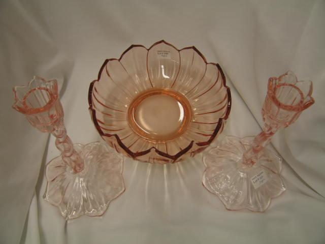 Appraisal: Pink Depression Console Set floraform bowl and pair of candlesticks