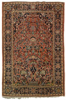 Appraisal: Modern Tabriz rug one end with large vase of flowers