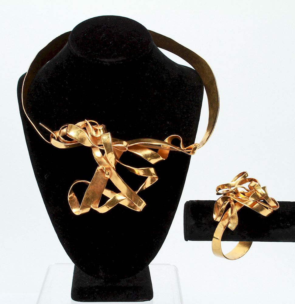 Appraisal: Illegibly Signed Modern Brass Necklace Cuff Modern brass ribbon motif