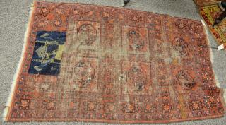 Appraisal: Unusual Bokhara Oriental throw rug with mosque flying two flags