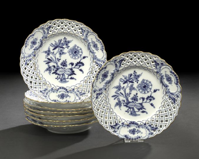 Appraisal: Set of Eight Meissen Gilt-Edged Blue and White Lattice-Reticulated Porcelain