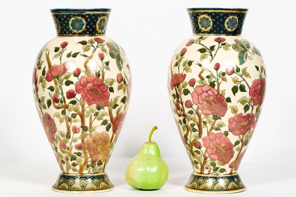 Appraisal: Pair Zsolnay Japonesque Floral Motif Vases th century Zsolnay Hungarian