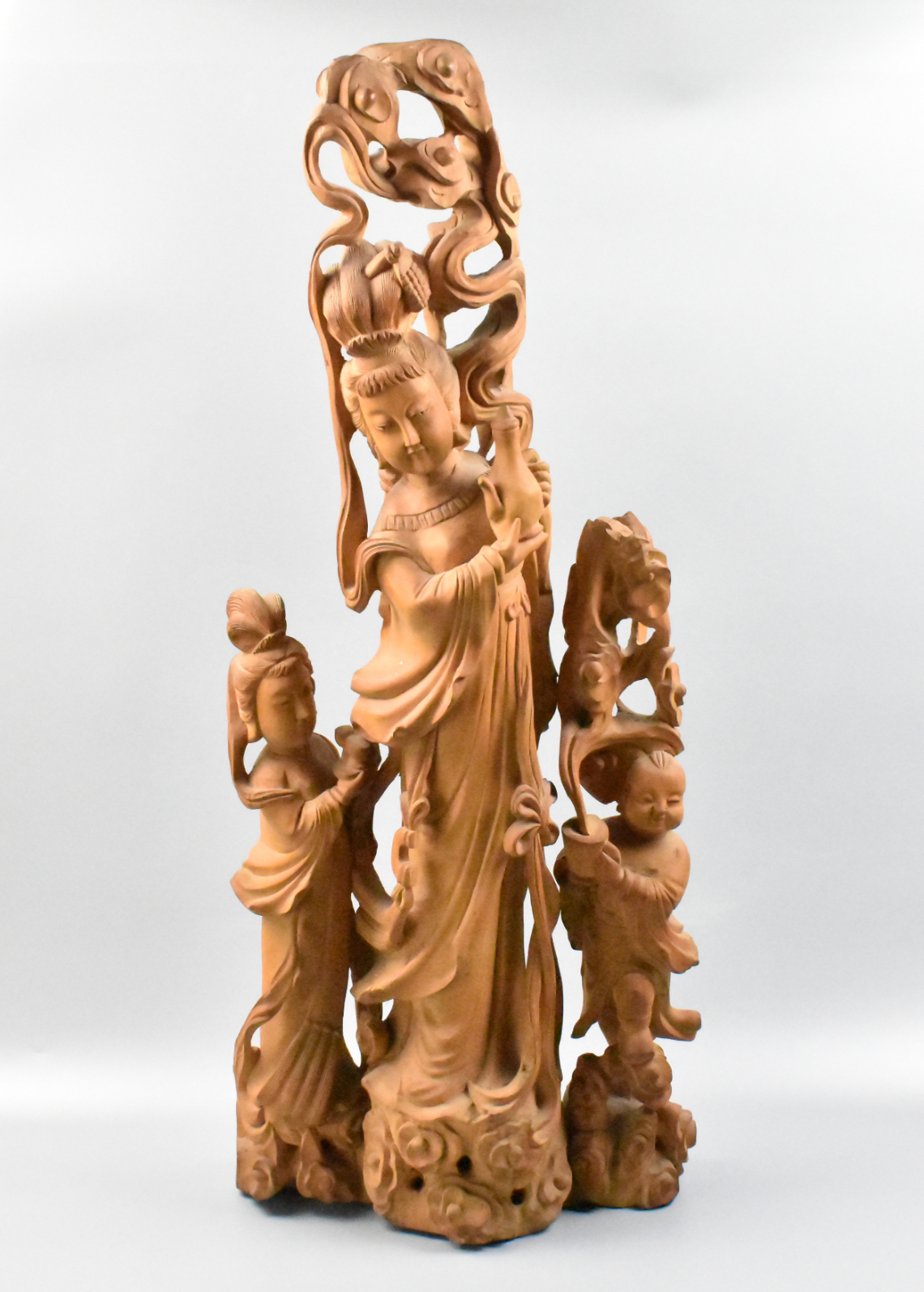 Appraisal: large Chinese boxwood carving figures features two servant holding censer