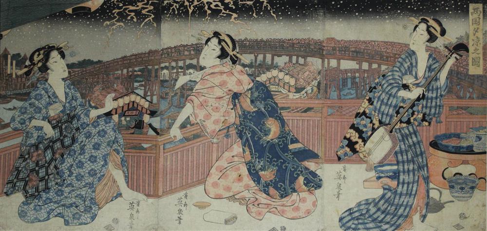 Appraisal: FOUR JAPANESE UKIYO-E TRIPTYCHS EDO MEIJI PERIOD including a beauty