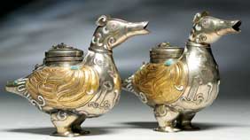 Appraisal: PAIR SILVER BIRD VESSELS Pair Chinese solid silver vessels in