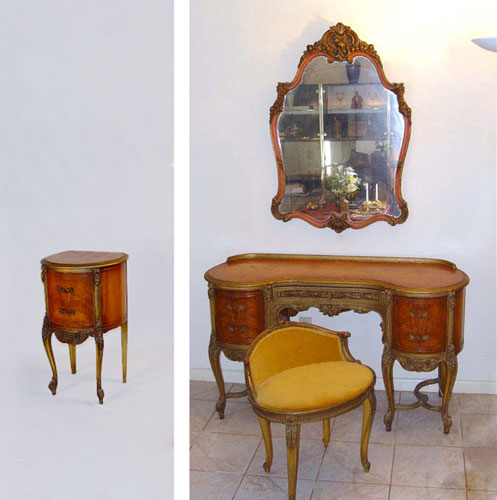 Appraisal: FRENCH STYLE VANITY WITH MIRROR STOOL NIGHT STAND Early th