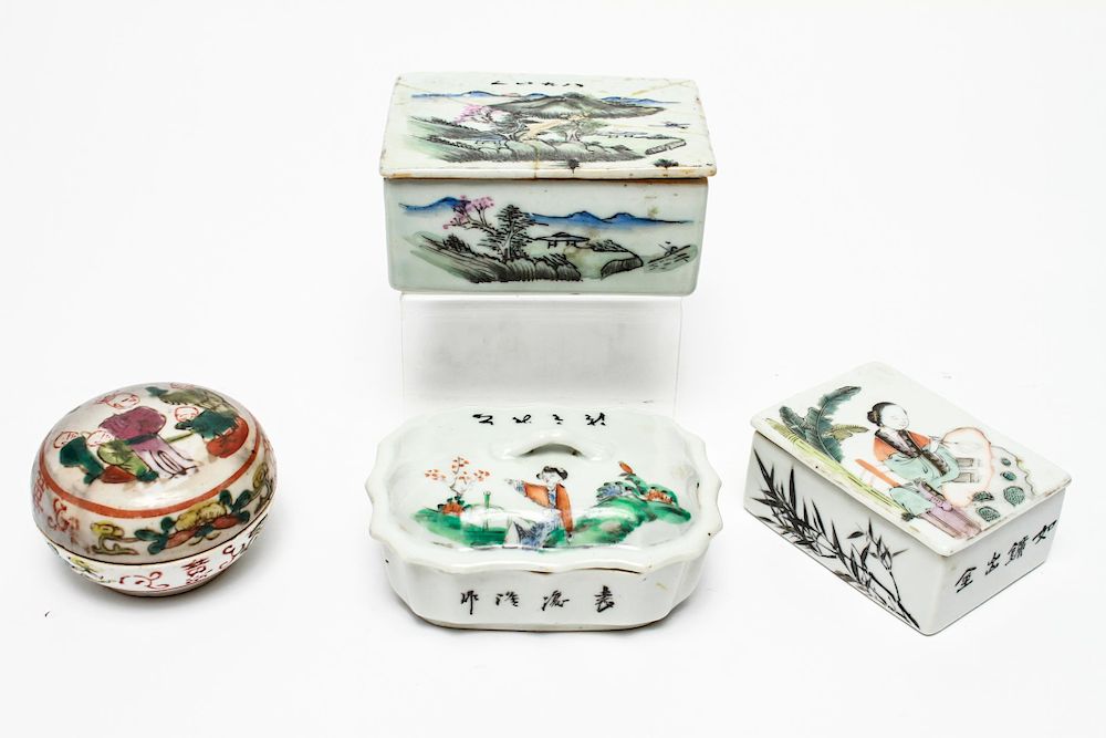 Appraisal: Chinese Qing Porcelain Ink Other Boxes Chinese Qing Dynasty hand-painted