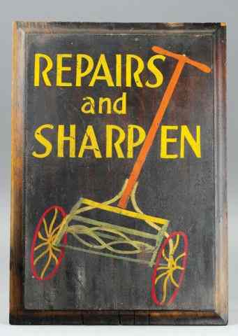 Appraisal: LAWN MOWER REPAIR SIGN An early hand painted sign made