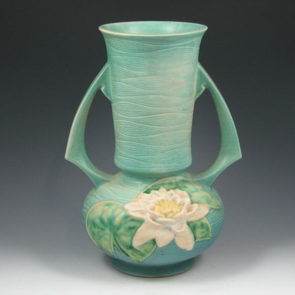 Appraisal: Roseville Water Lily handled vase in blue Marked Roseville USA