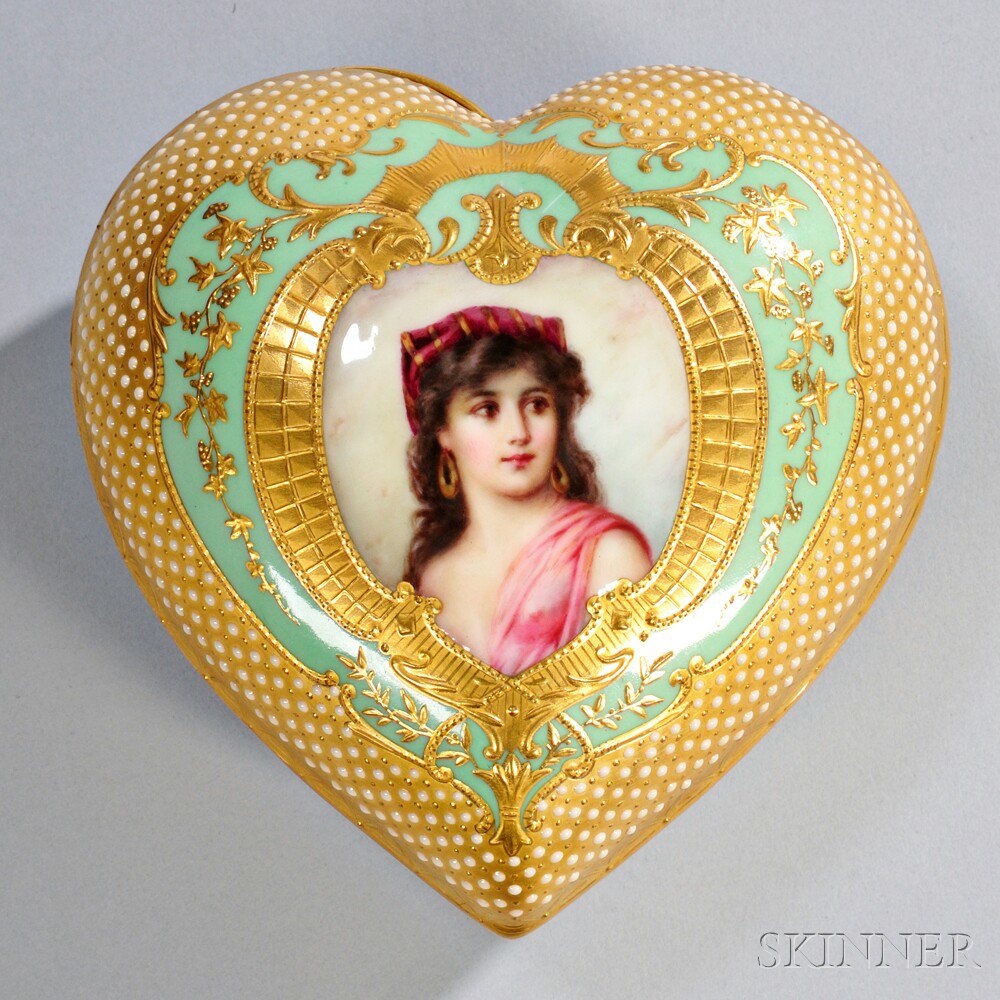 Appraisal: Jeweled Coalport Porcelain Heart-shaped Box and Cover England late th