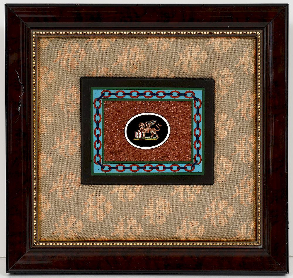 Appraisal: Gold Stone Mircro Mosiac Framed Lion Gold stone micro mosaic