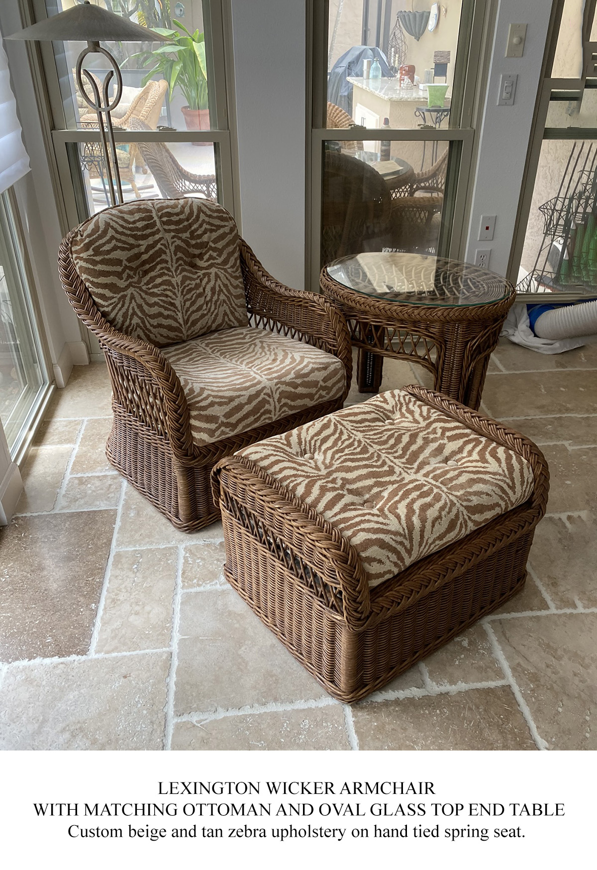 Appraisal: LEXINGTON WICKER ARMCHAIR WITH MATCHING OTTOMAN OVAL GLASS TOP END