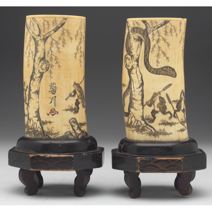 Appraisal: Japanese vases pair Meiji period ivory cylindrical shapes set in