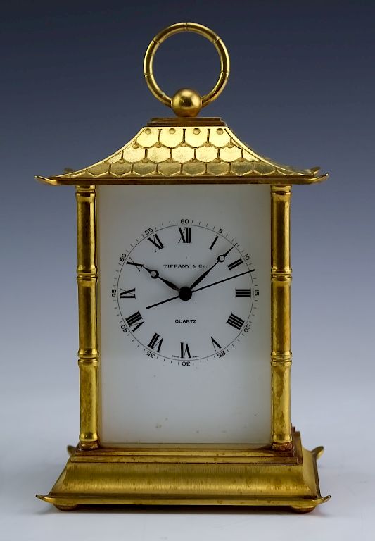 Appraisal: Tiffany Co Gilt Bronze Asian Pagoda Desk Clock Tiffany Co