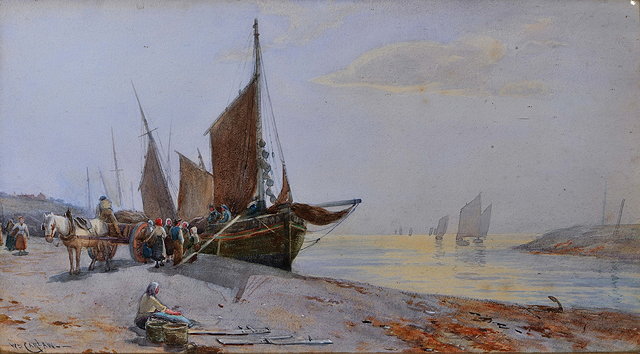 Appraisal: WILLIAM CARLAW - Unloading the catch signed watercolour x cm