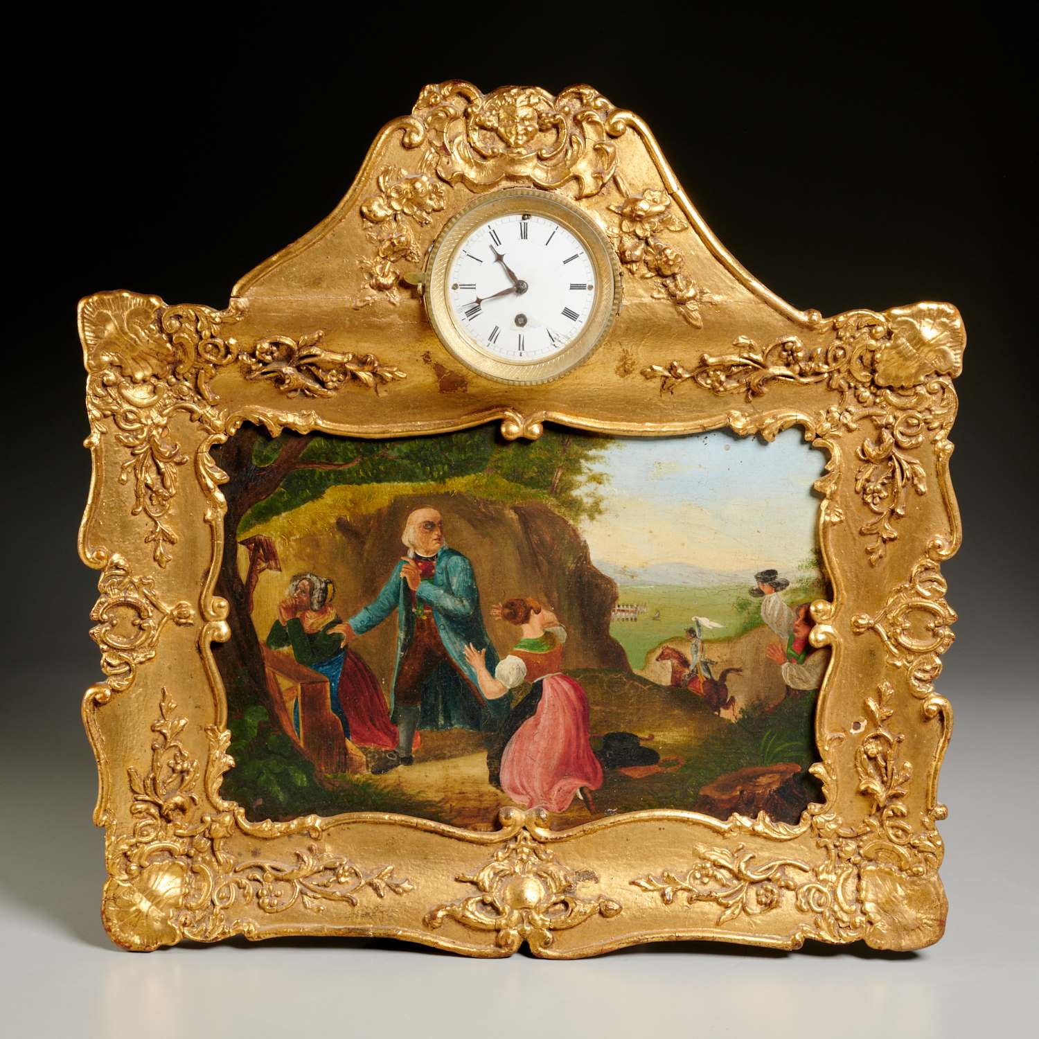 Appraisal: CONTINENTAL SCHOOL PAINTING WITH CLOCK FRAME Continental School th c