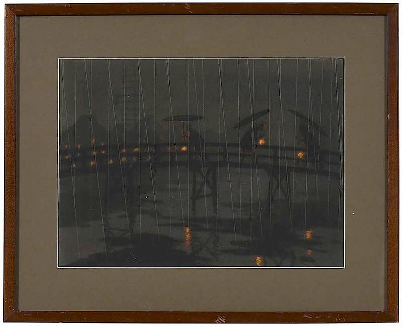 Appraisal: Japanese School th century Figures on bridge in rain watercolor