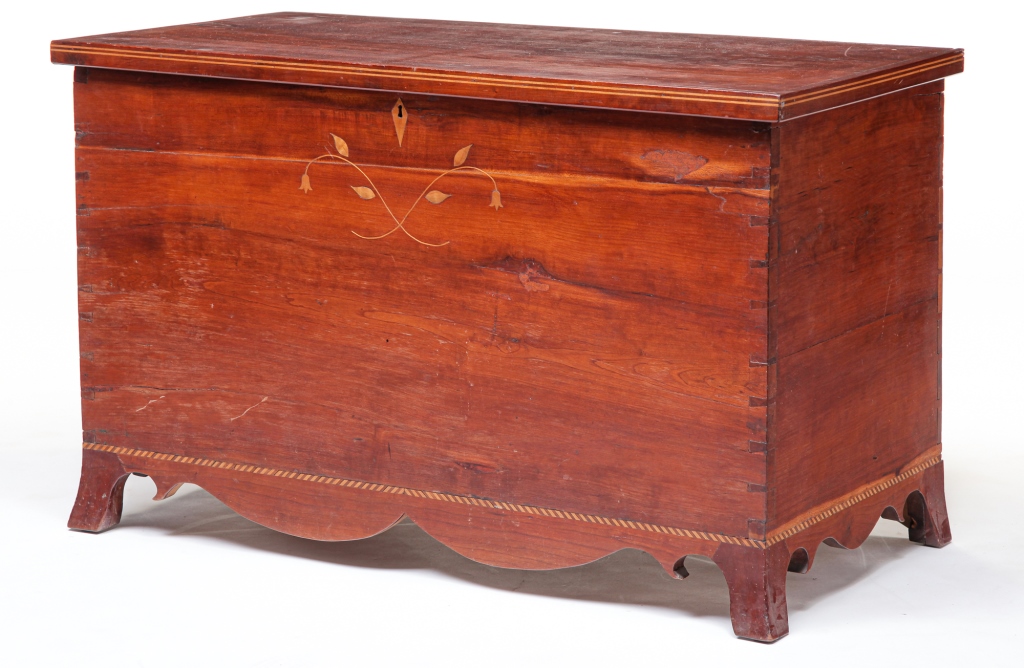 Appraisal: AMERICAN INLAID BLANKET CHEST First half th century cherry and