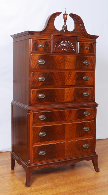 Appraisal: MAHOGANY HEPPLEWHITE STYLE HIGH BOY Flame grain mahogany broken arch