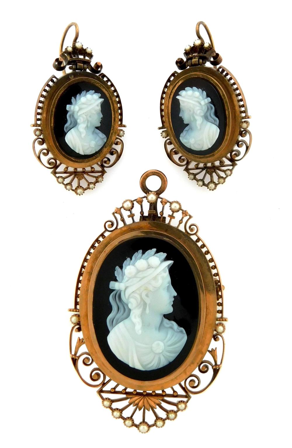 Appraisal: JEWELRY K Hardstone cameo pin pendant and earring suite details