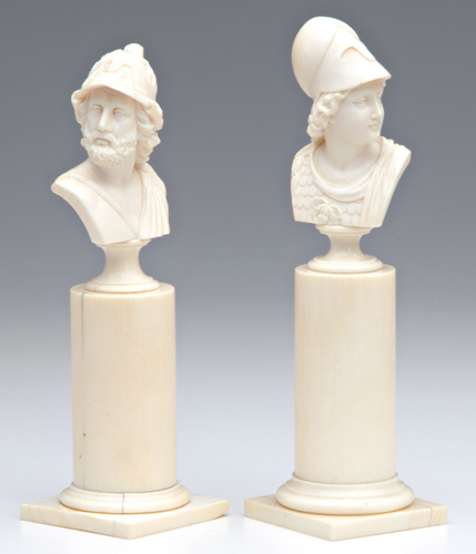 Appraisal: CONTINENTAL IVORY Two classical busts on round pedestals th -