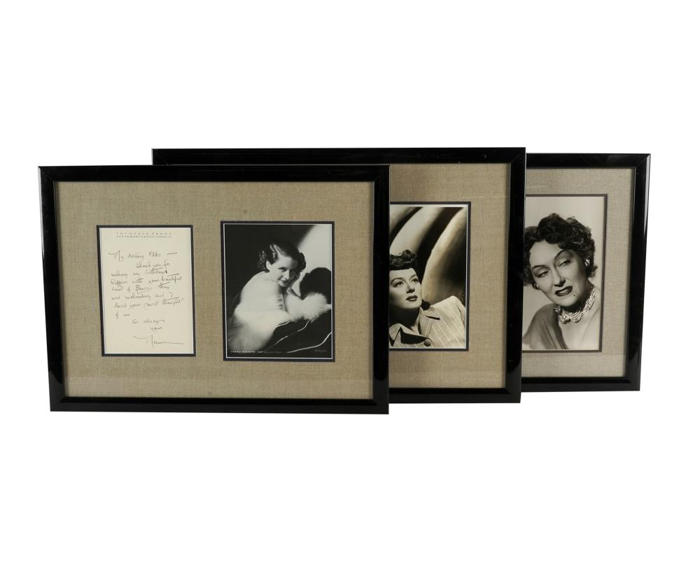 Appraisal: THREE CELEBRITY PHOTOGRAPHS LETTERScomprising three framed displays one Rosalind Russell