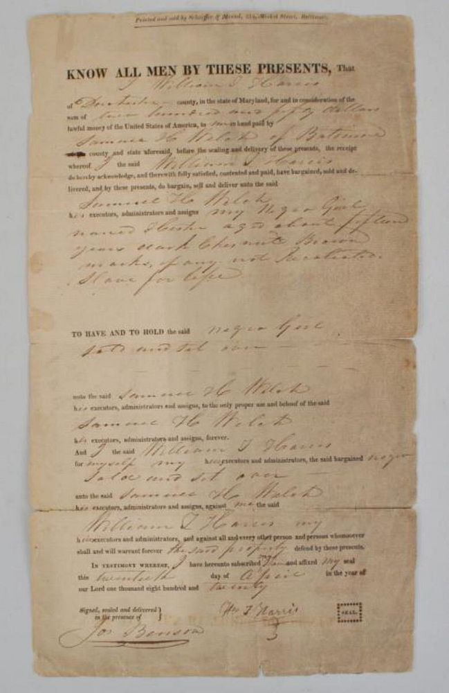 Appraisal: Slave Document Bill Of Sale of a -year old girl