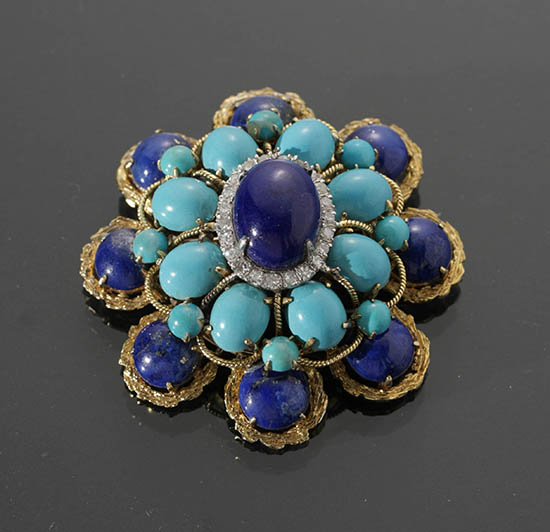 Appraisal: Tested -Karat Yellow-Gold Lapis Lazuli Turquoise and Diamond Brooch The