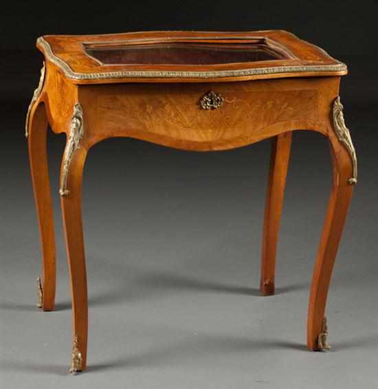 Appraisal: Louis XV style ormolu-mounted inlaid walnut vitrine table inlaid floral