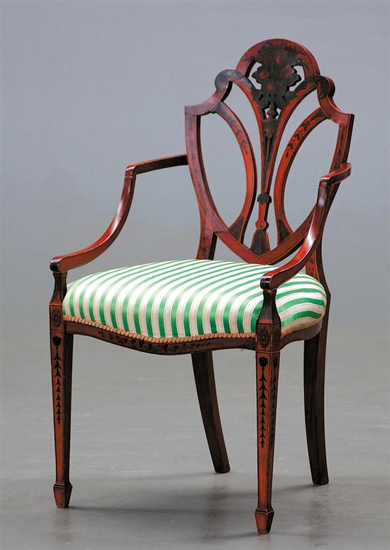 Appraisal: Painted English Hepplewhite shieldback armchair late th century shaped back