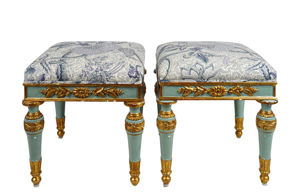 Appraisal: PAIR OF NEOCLASSIC STYLE PAINTED PARCEL GILT STOOLSCondition chipping and