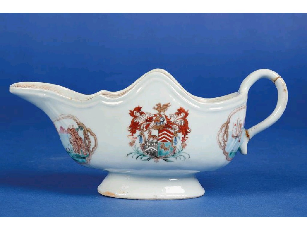 Appraisal: A CHINESE EXPORT ARMORIAL SAUCEBOAT enamelled in polychrome and gilt