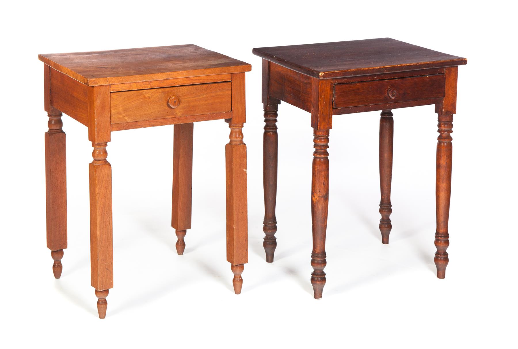 Appraisal: TWO SINGLE-DRAWER WORK TABLES American th century Turned legs with