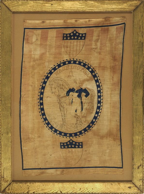 Appraisal: FRAMED CENTENNIAL BANNER Depicting George Washington on his horse above