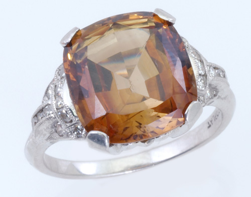 Appraisal: Art Deco chrysoberyl and diamond ring in pt Square cushion-cut