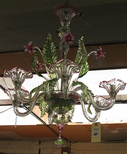 Appraisal: SIX-LIGHT VENETIAN GLASS CHANDELIER of hand blown pink green and