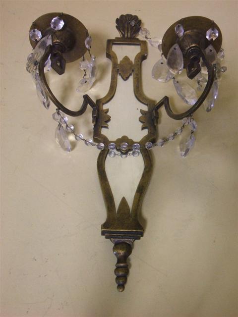 Appraisal: GILT- METAL AND MIRRORED WALL SCONCE With cut-glass pendants and