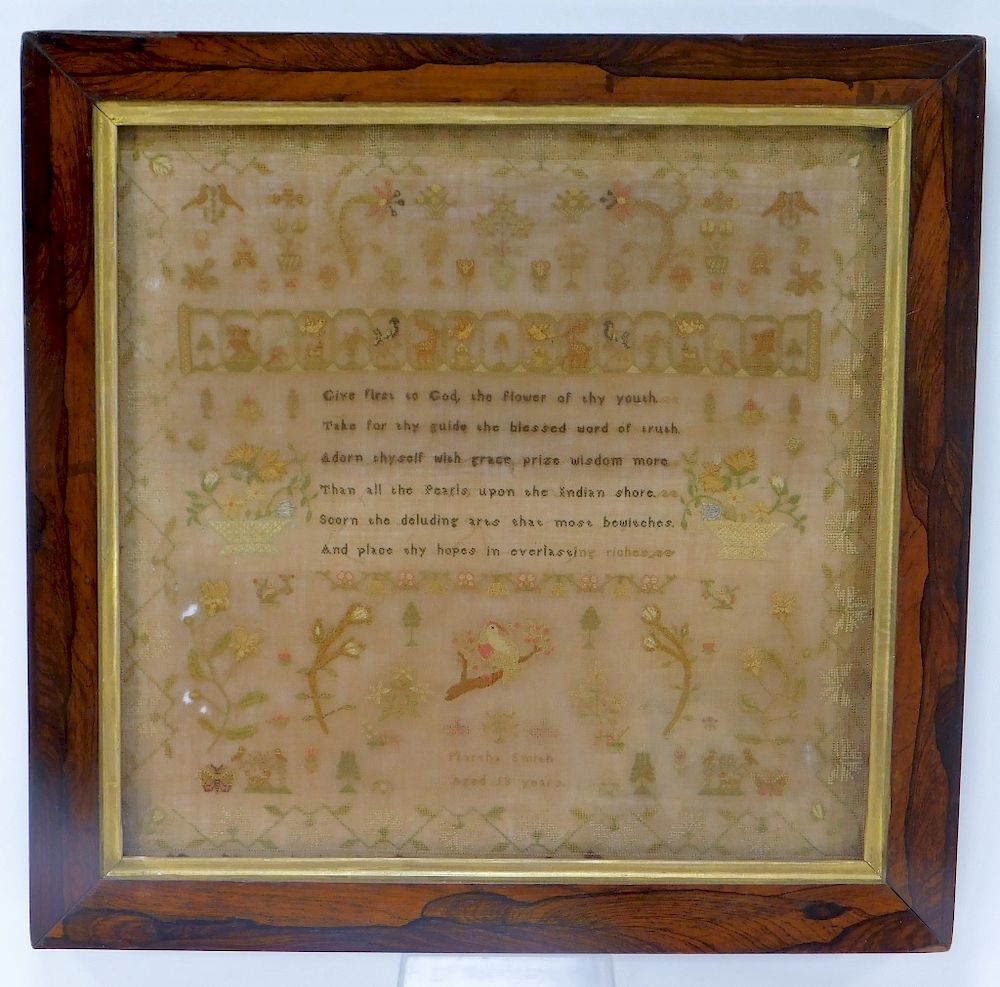 Appraisal: American Folk Art Avian Floral Needlework Sampler United States Early