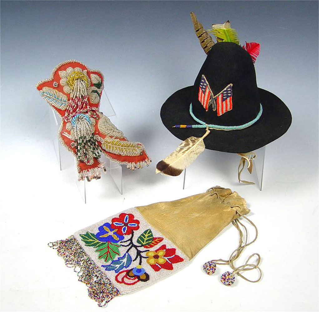 Appraisal: PIECE WOODLANDS RESERVATION ERA BEADWORK ITEMS Includes Hat with crossed