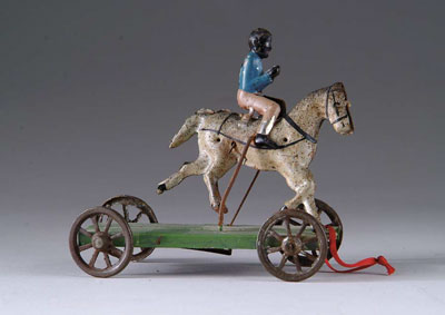 Appraisal: MECH HORSE ON PLATFORM TOY All tin hand painted pull