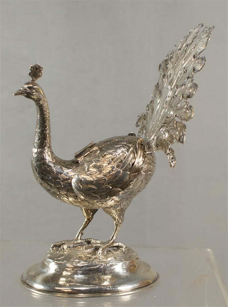 Appraisal: silver Continental peacock bottle head removable at neck wings hinged