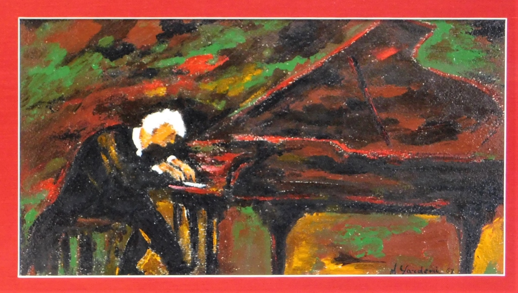 Appraisal: MODERNIST PIANO PLAYER PAINTING United States Depicts an older man