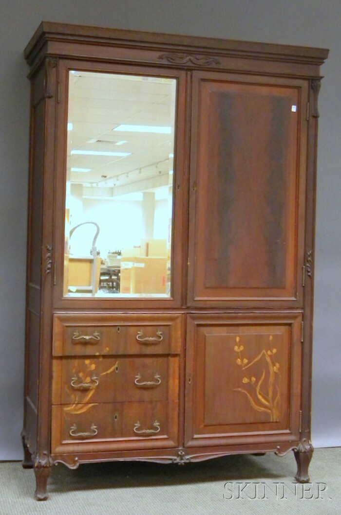 Appraisal: Art Nouveau Inlaid Carved Mahogany Mirrored Wardrobe Cabinet ht wd